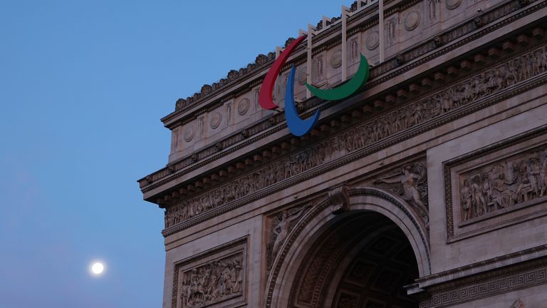 Paralympic symbol is installed on the Arc de triomphe in Paris (Associated Press)