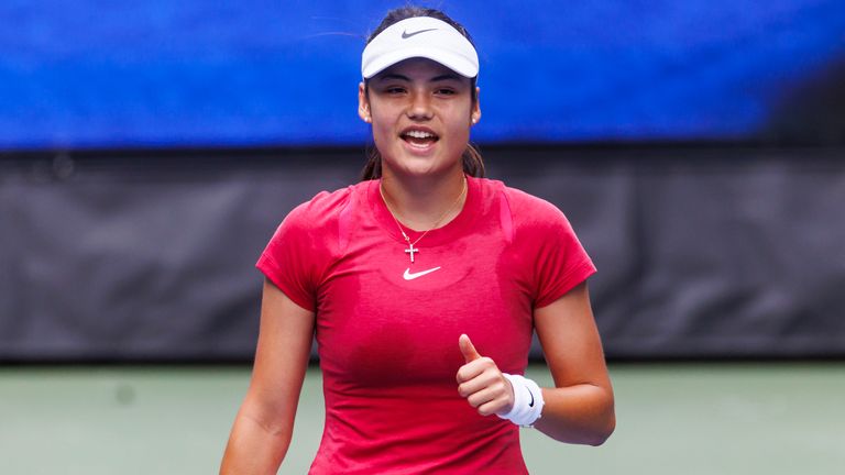 Emma Raducanu of Great Britain practices before the start of the US Open on Louis Armstrong Stadium at the USTA Billie Jean King National Tennis Center on August 21, 2024 in New York City. (Photo by Frey/TPN/Getty Images)