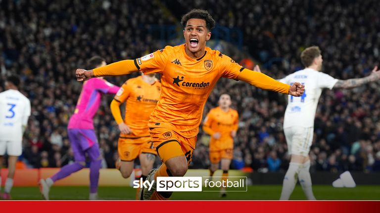 Hull City&#39;s Fabio Carvalho celebrates scoring their first goal of the game during the Sky Bet Championship match at Elland Road, Leeds. Picture date: Monday April 1, 2024.
