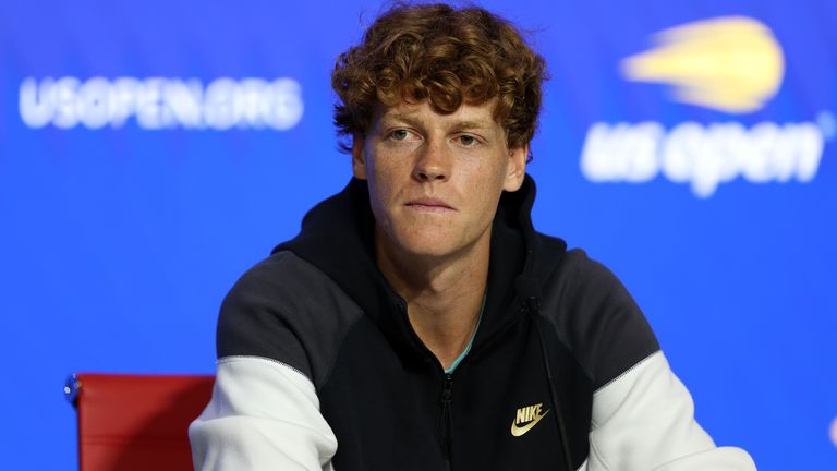 Jannik Sinner of Italy speaks to the media during a press conference ahead of the 2024 US Open at USTA Billie Jean King National Tennis Center on August 23, 2024 in New York City. (Photo by Jamie Squire/Getty Images)