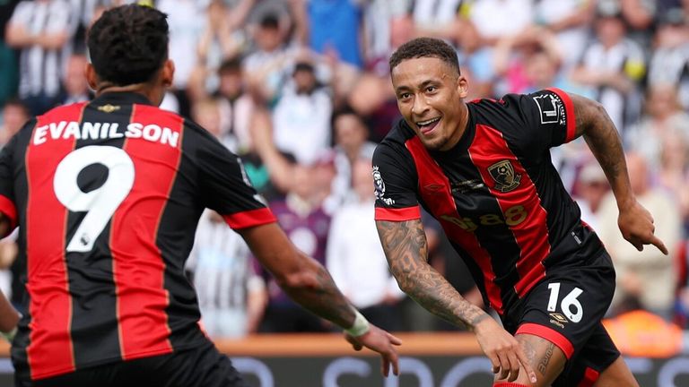 Marcus Tavernier turns to celebrate with Evanilson after opening the scoring for Bournemouth against Newcastle