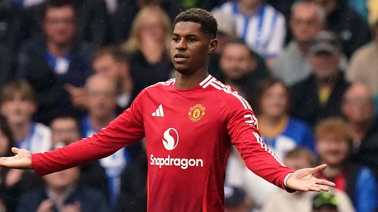 Marcus Rashford appeals after a decision against Manchester United